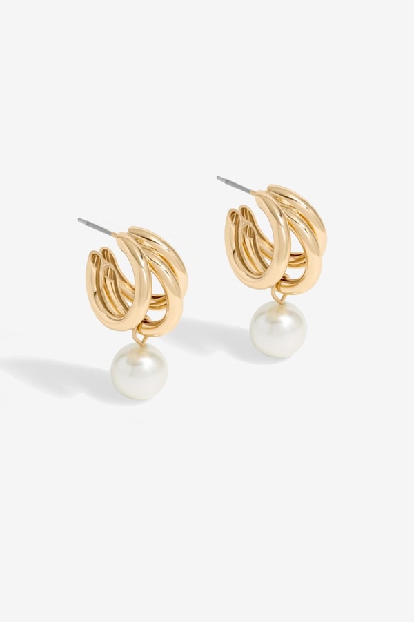 Inicio Gold Plated Tripple Row And Pearl Hoop Earrings - Gift Pouch