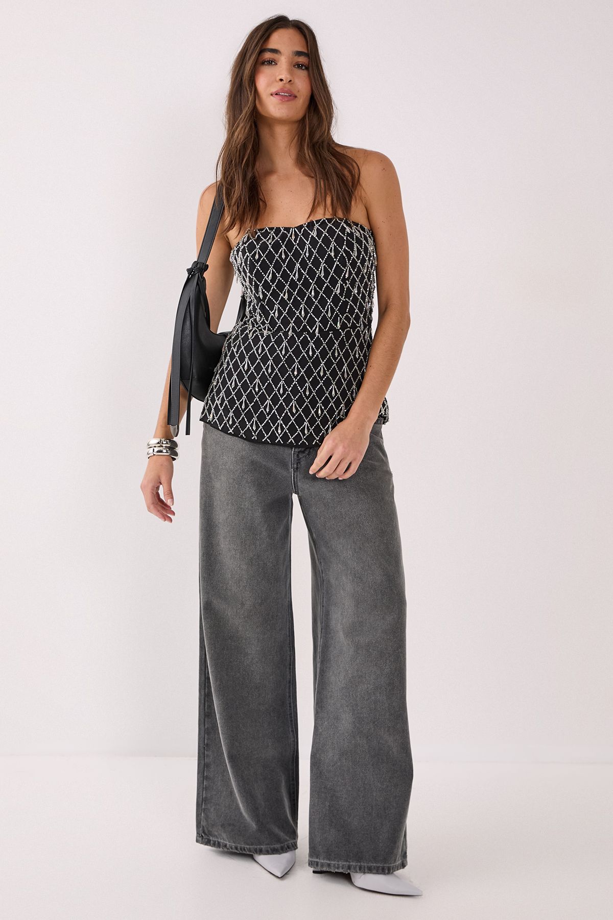 NastyGal Droplet Embellished Longline Bustier Top Black image 1