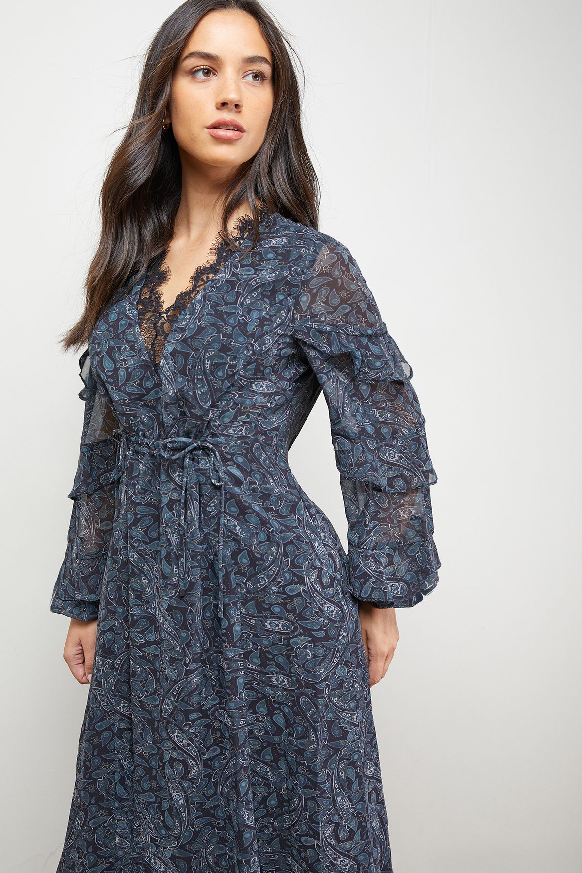 Oasis Printed Lace Detail Frill Sleeve Midi Dress Multi image 5