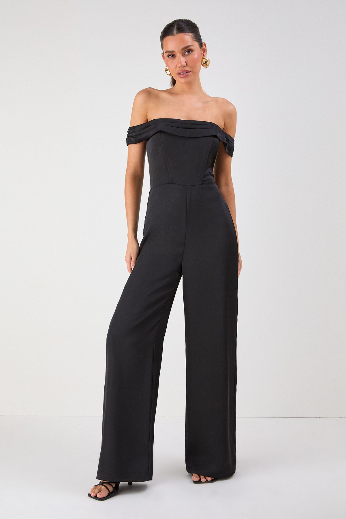 MissPap Satin Bardot Wide Leg Jumpsuit Black