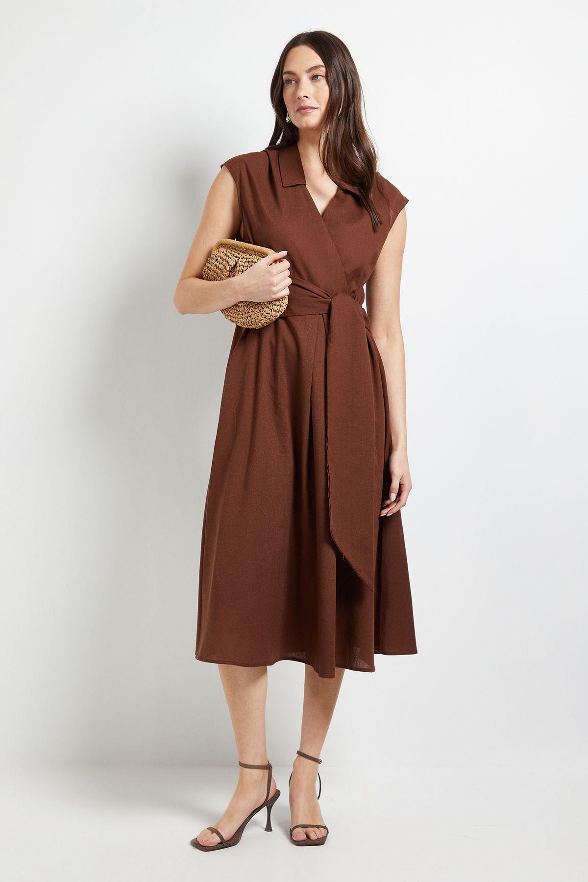 Wallis Linen Blend Belted Midi Dress Chocolate