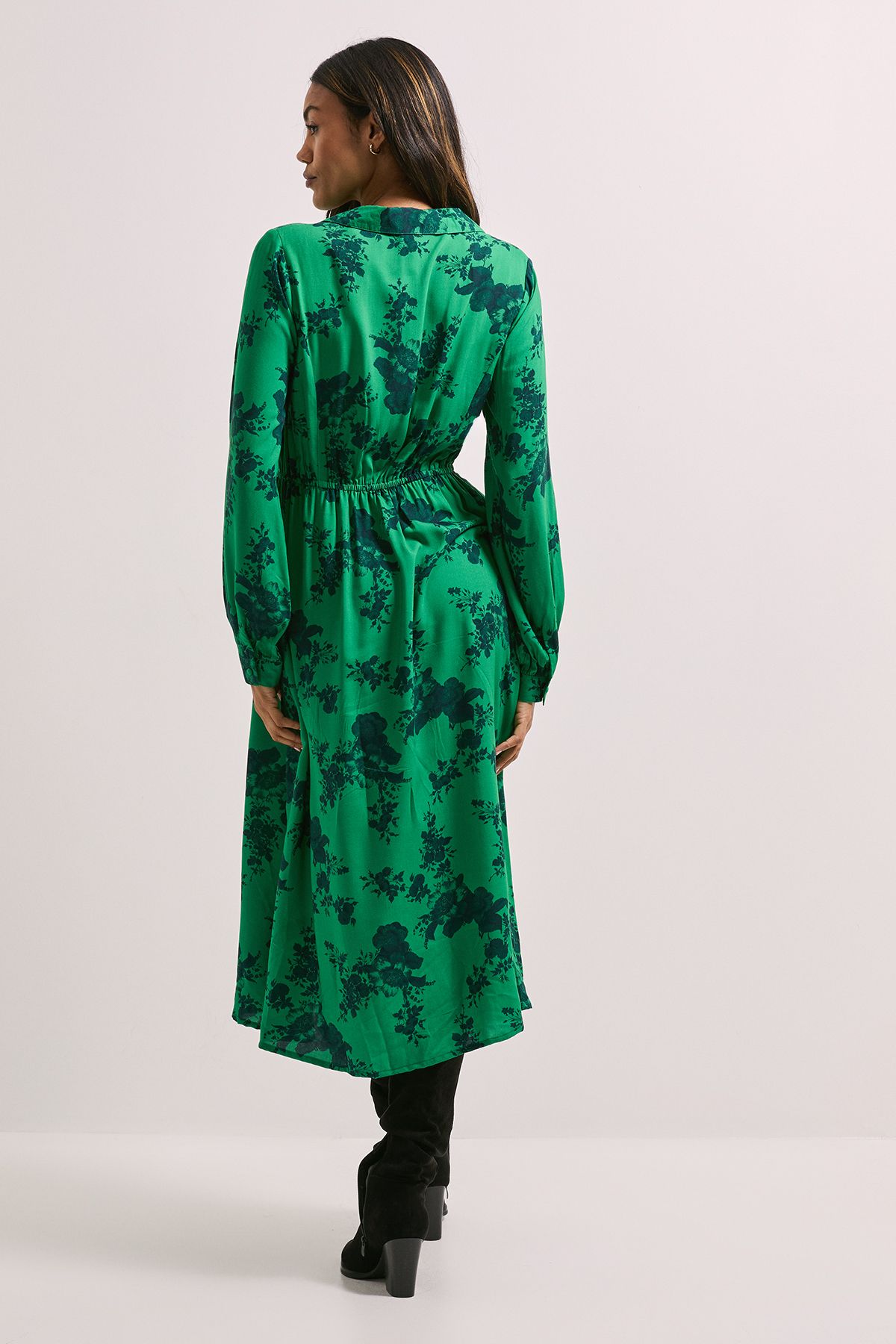 Dorothy Perkins Seam Detail Collared Blouson Sleeve Printed Midi Dress Green image 3