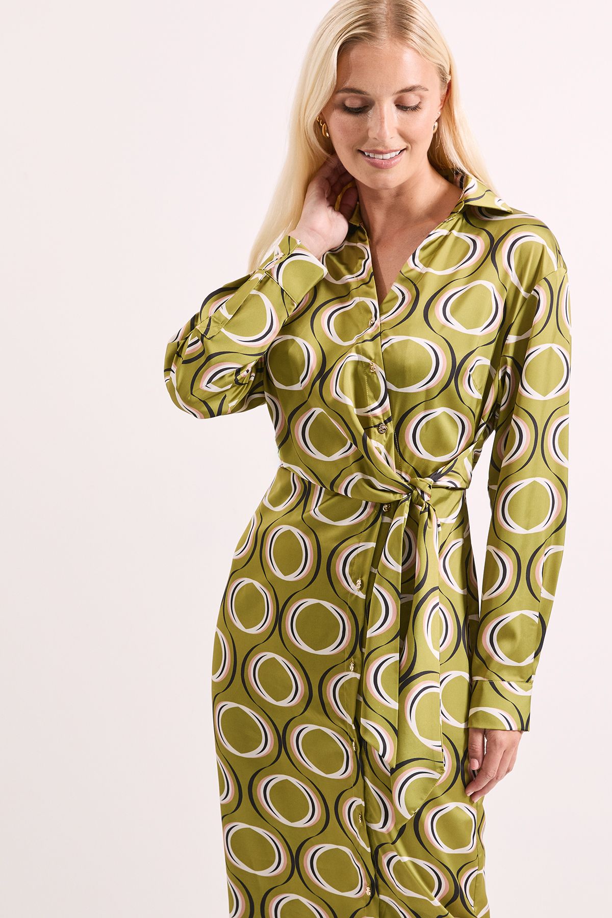 Principles Printed Tie Waist Button Detail Satin Shirt Dress Olive image 2