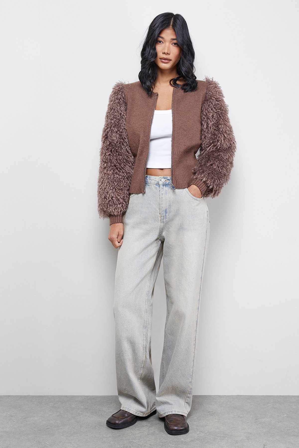 Warehouse Zip Up Fluffy Sleeve Cardigan Khaki image 2