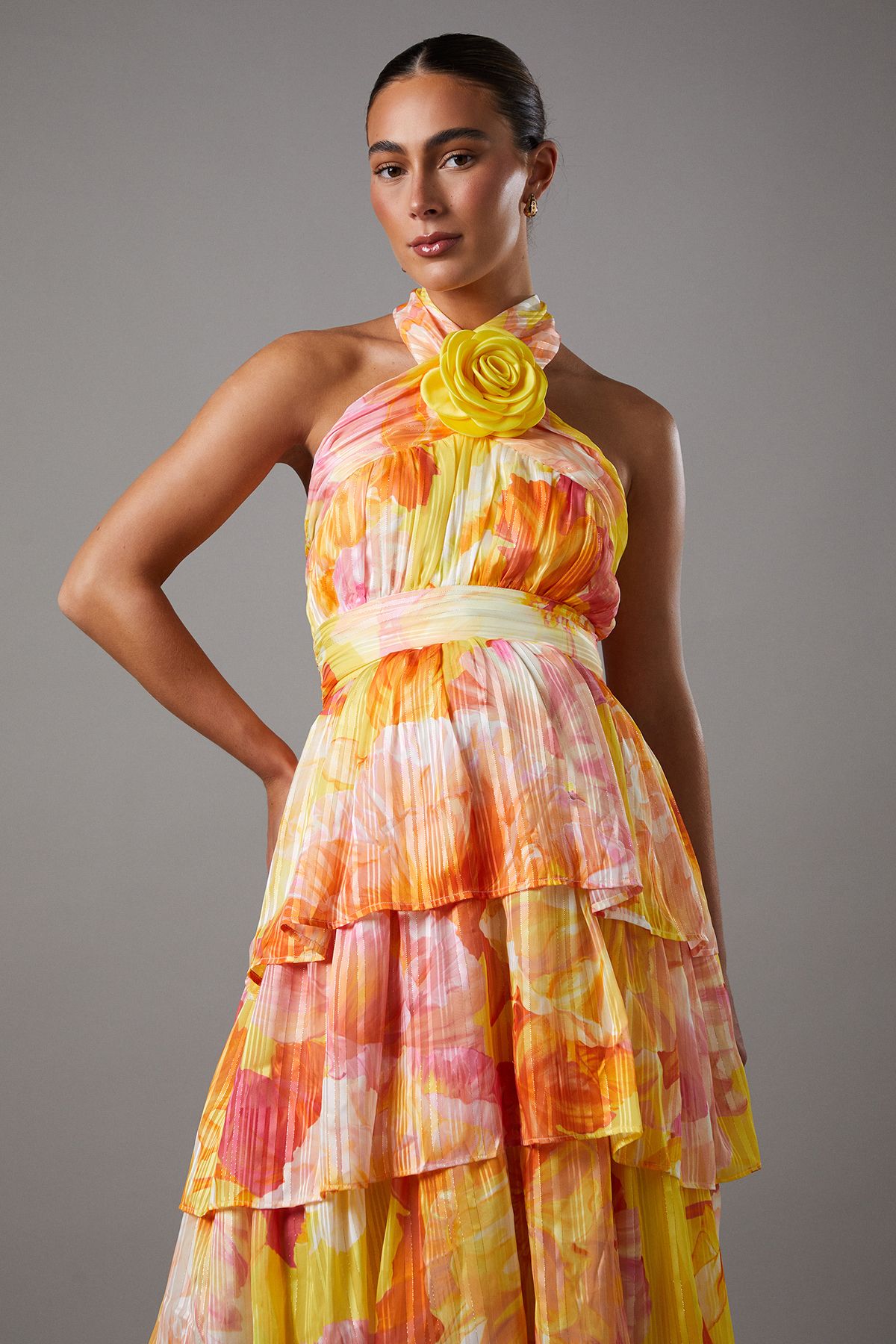 Coast Maternity Tiered Halter Tie Neck Midi Dress Yellow image 2