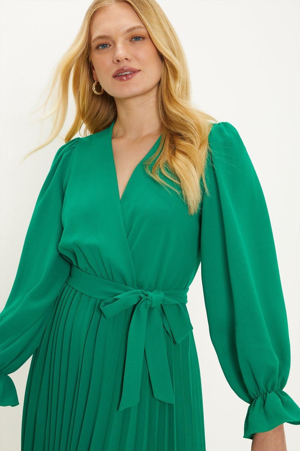 Oasis Belted Wrap Pleated Midi Dress Green image 2
