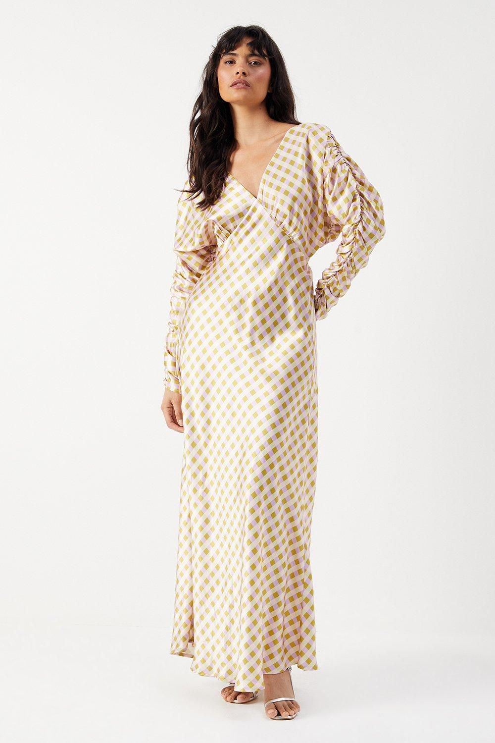 Warehouse Gingham Satin Batwing Bias Midi Dress Lilac image 1