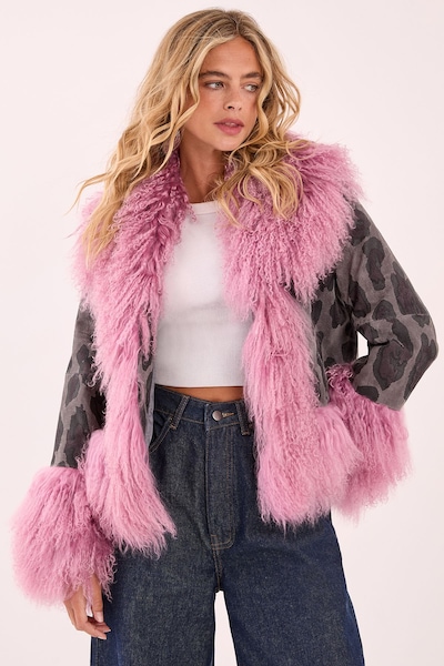 NastyGal Premium Shearling Leopard Real Suede Jacket Charcoal