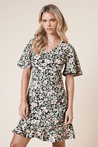 Dorothy Perkins Petite V Neck Short Sleeve Floral Wrap Mini Dress Pink