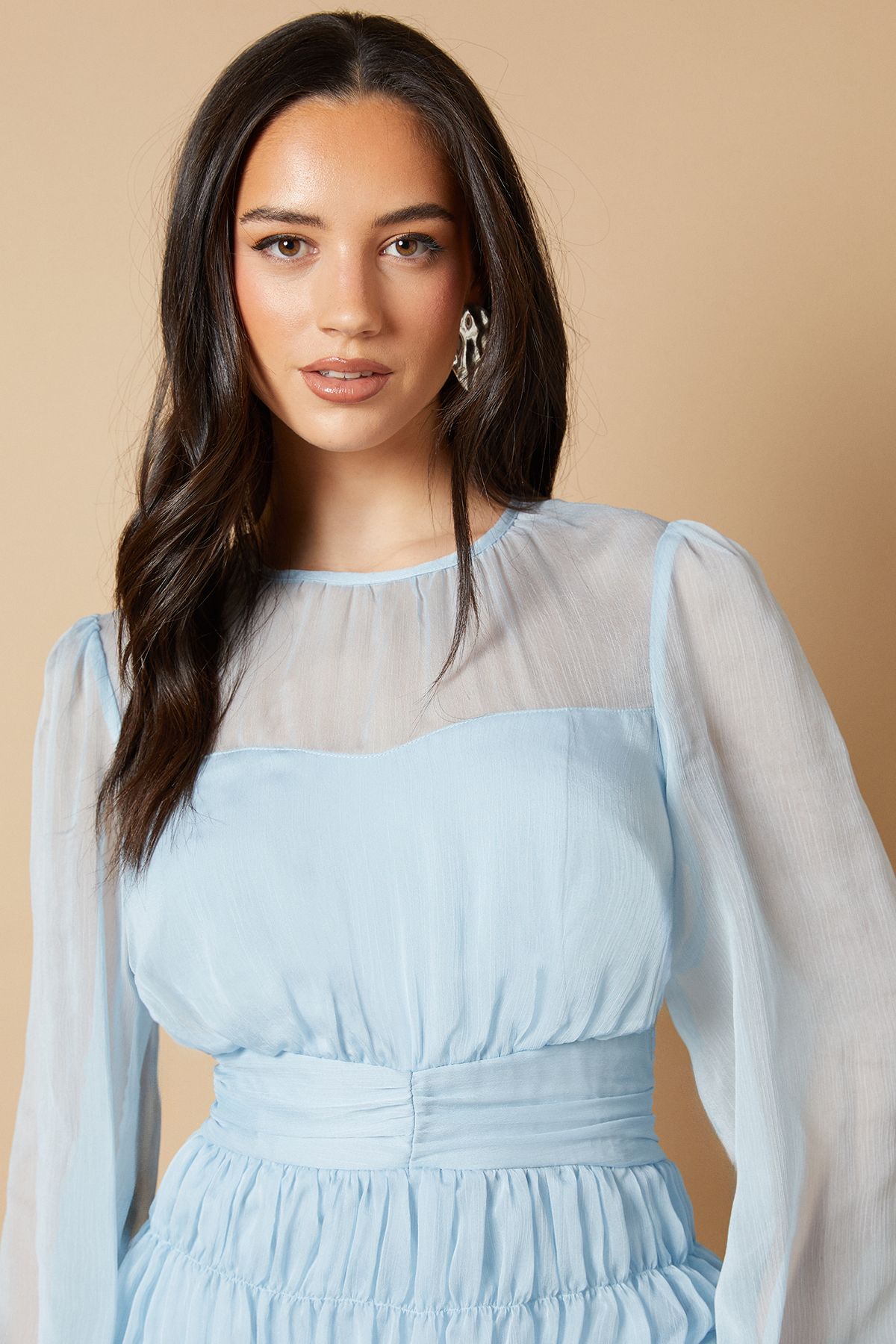 Oasis Ruched Waist Mesh Insert Mini Dress Blue image 3