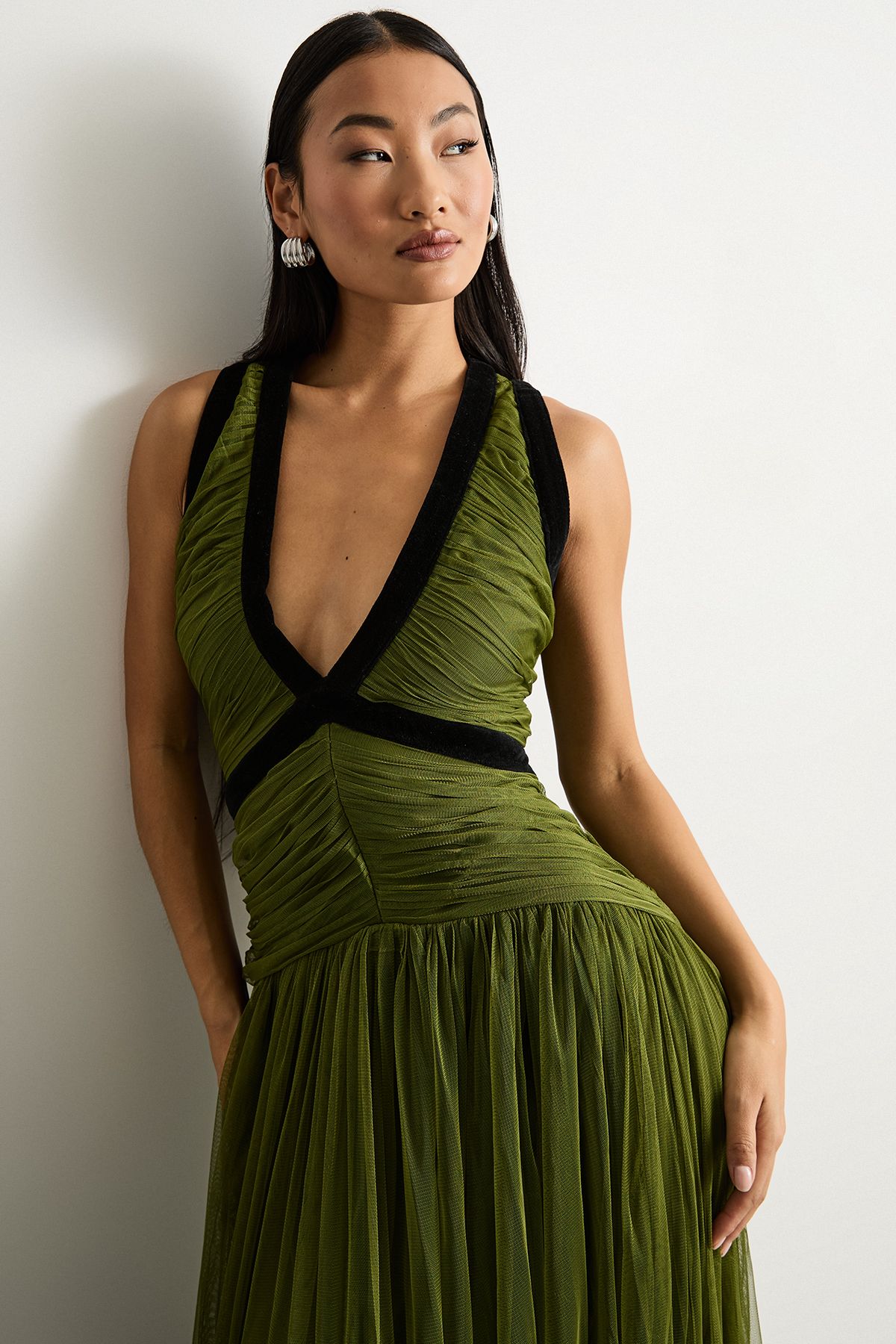 Warehouse Petite Velvet Trim Tulle Maxi Dress Green