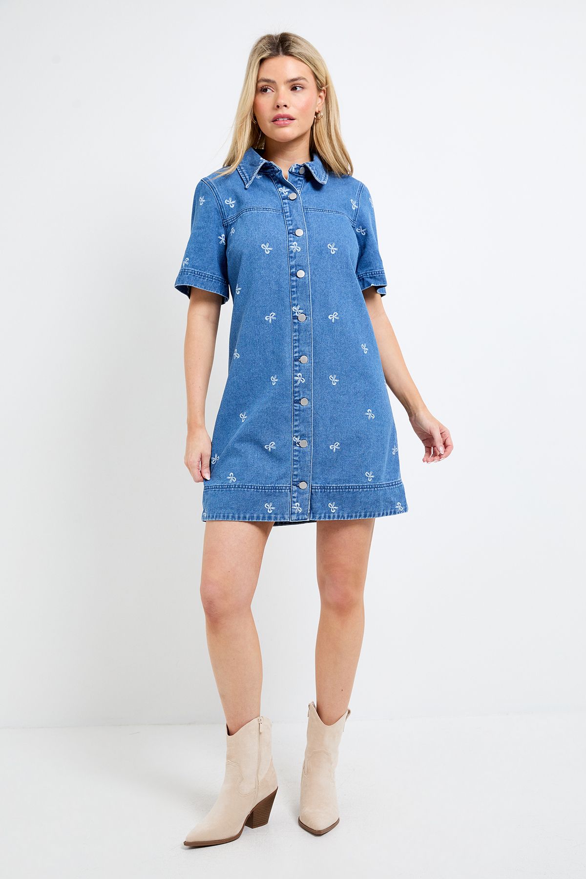 Dorothy Perkins Bow Front Mini Denim Dress Mid Wash
