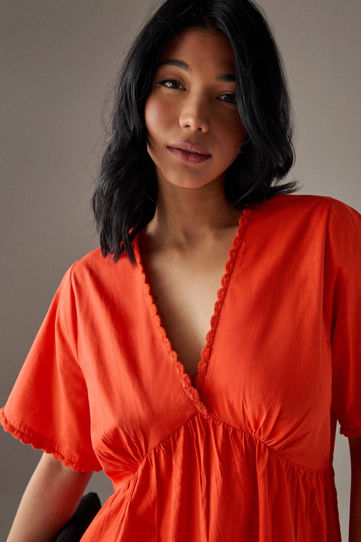 Warehouse Poplin Whipstitch Trim Midi Smock Dress Red image 4