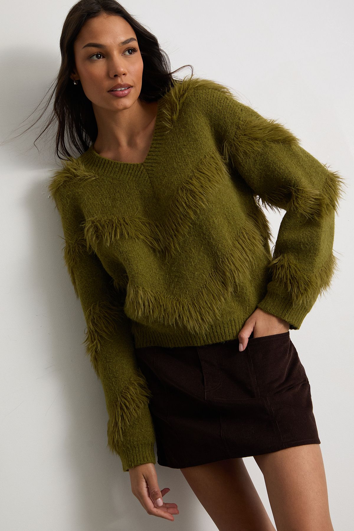 Warehouse Fluffy Long Sleeve Jumper Olive image 1