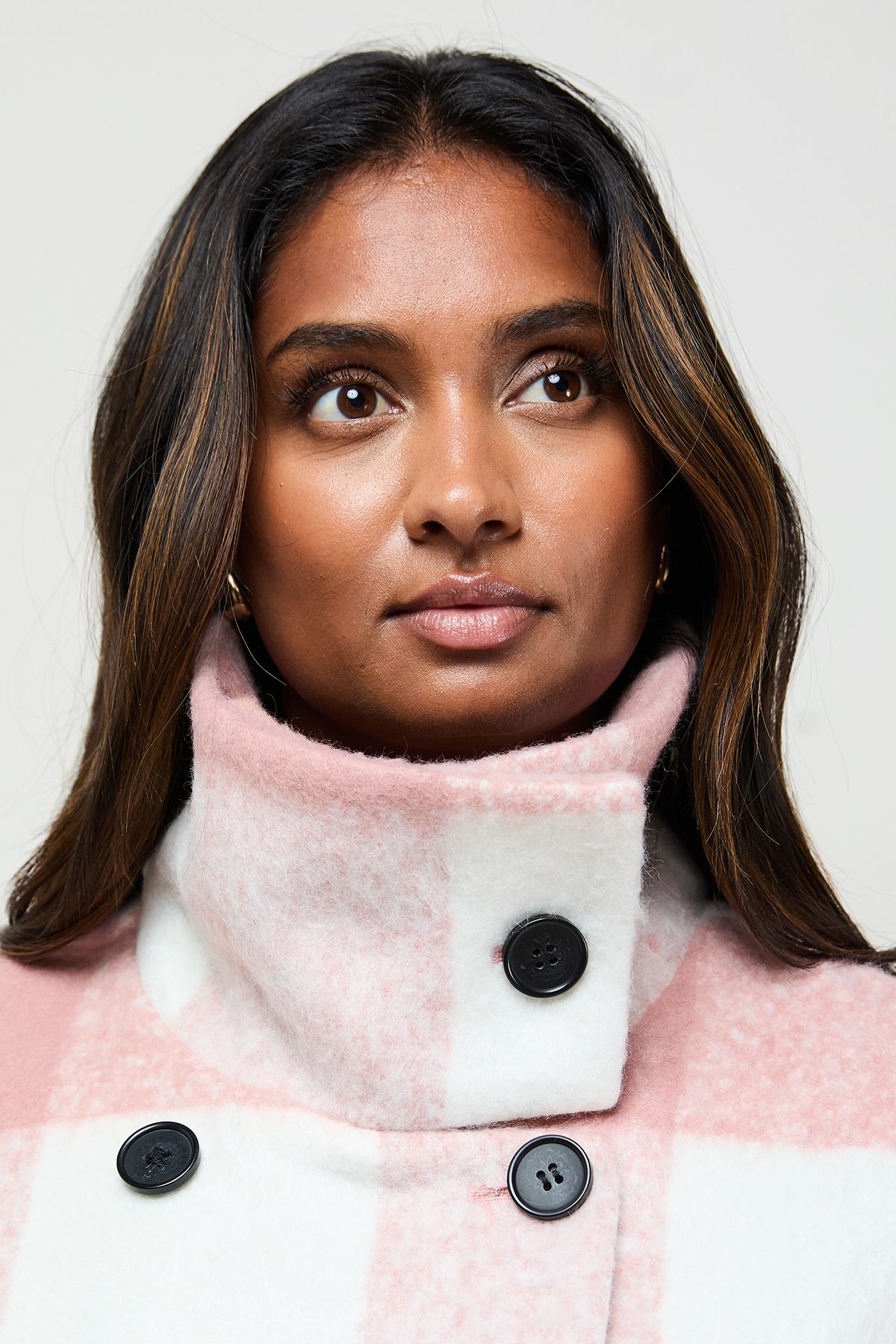 Oasis Brushed Check Funnel Neck Coat Pink image 5