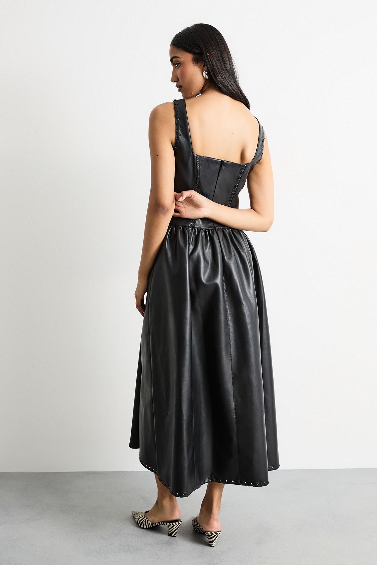 Warehouse Faux Leather Whipstitch Trim Midi Dress Black image 3