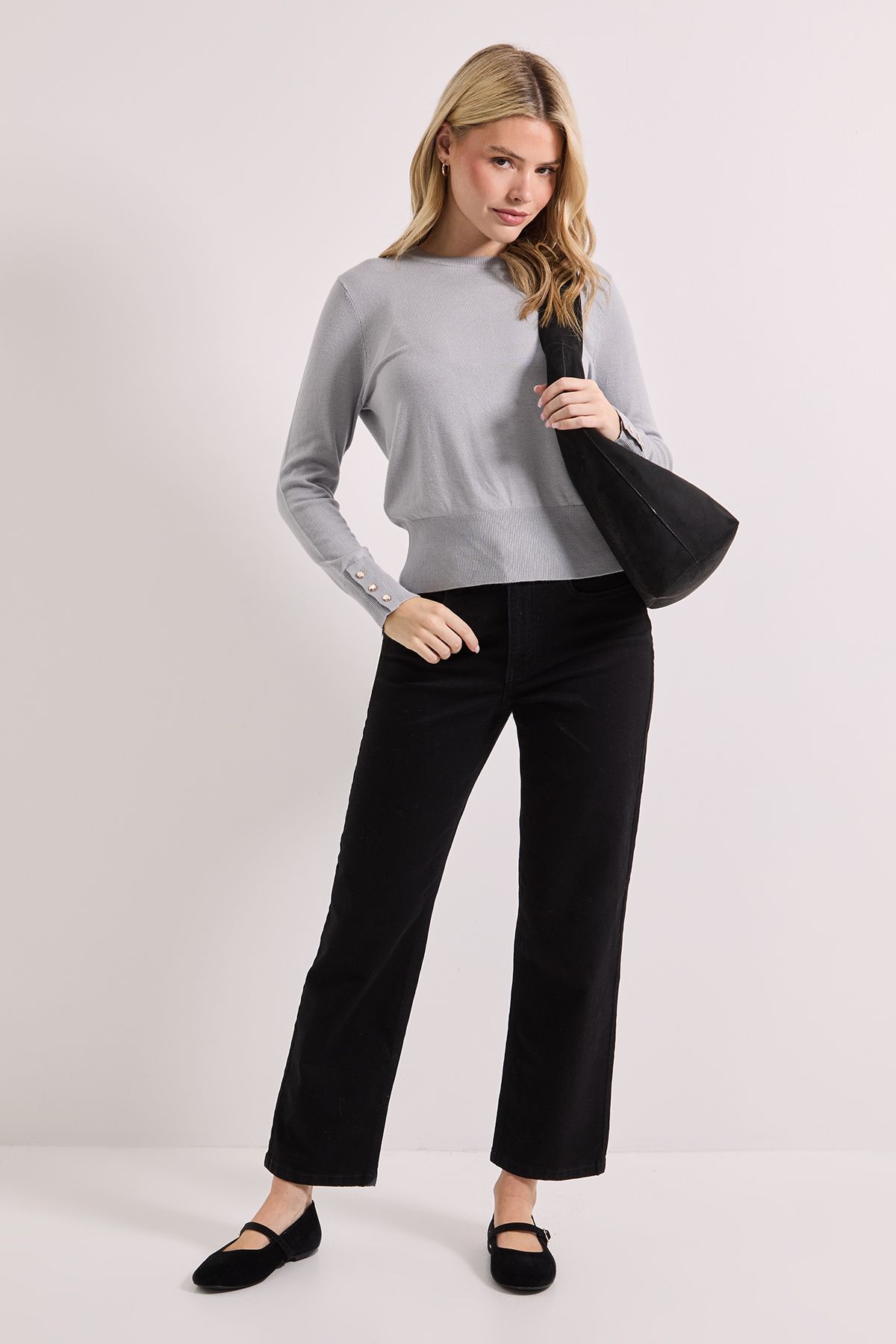 Dorothy Perkins Grey Crew Neck Button Cuff Jumper Grey image 2