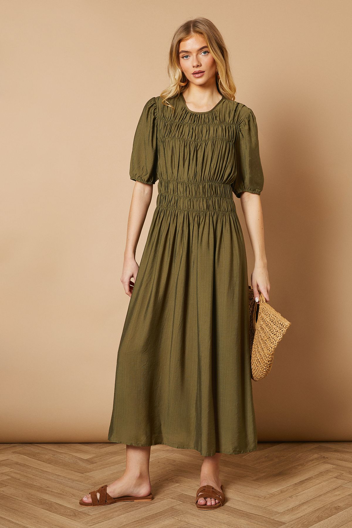 Oasis Shirred Bodice Puff Sleeve Midi Dress Khaki image 1