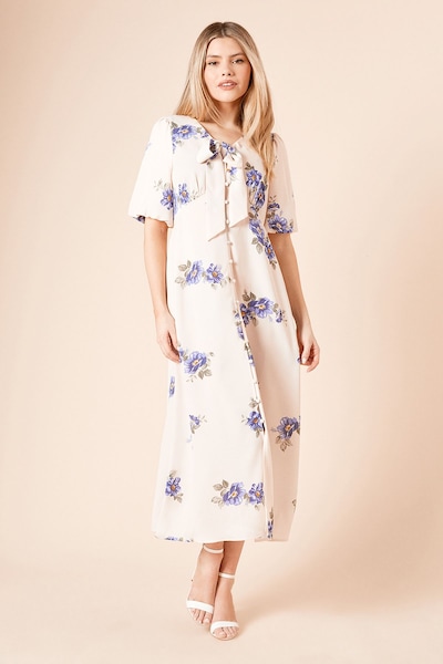 Dorothy Perkins Ivory Floral Tie Front Button Through Midi Dress Floral