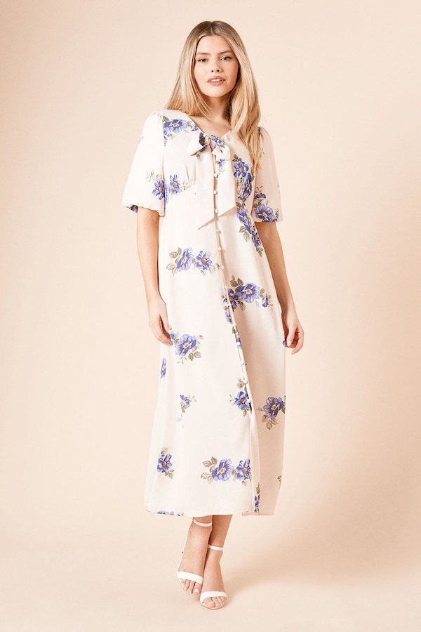 Dorothy Perkins Ivory Floral Tie Front Button Through Midi Dress Floral
