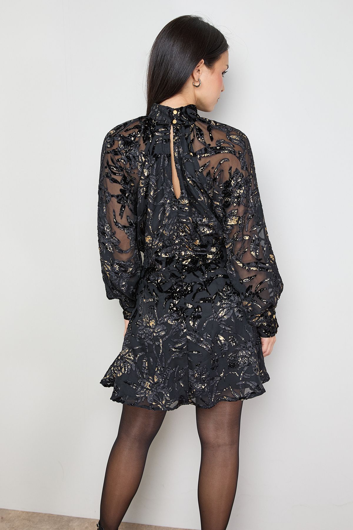 Oasis Petite Floral Metallic Devore High Neck Mini Dress Black image 3