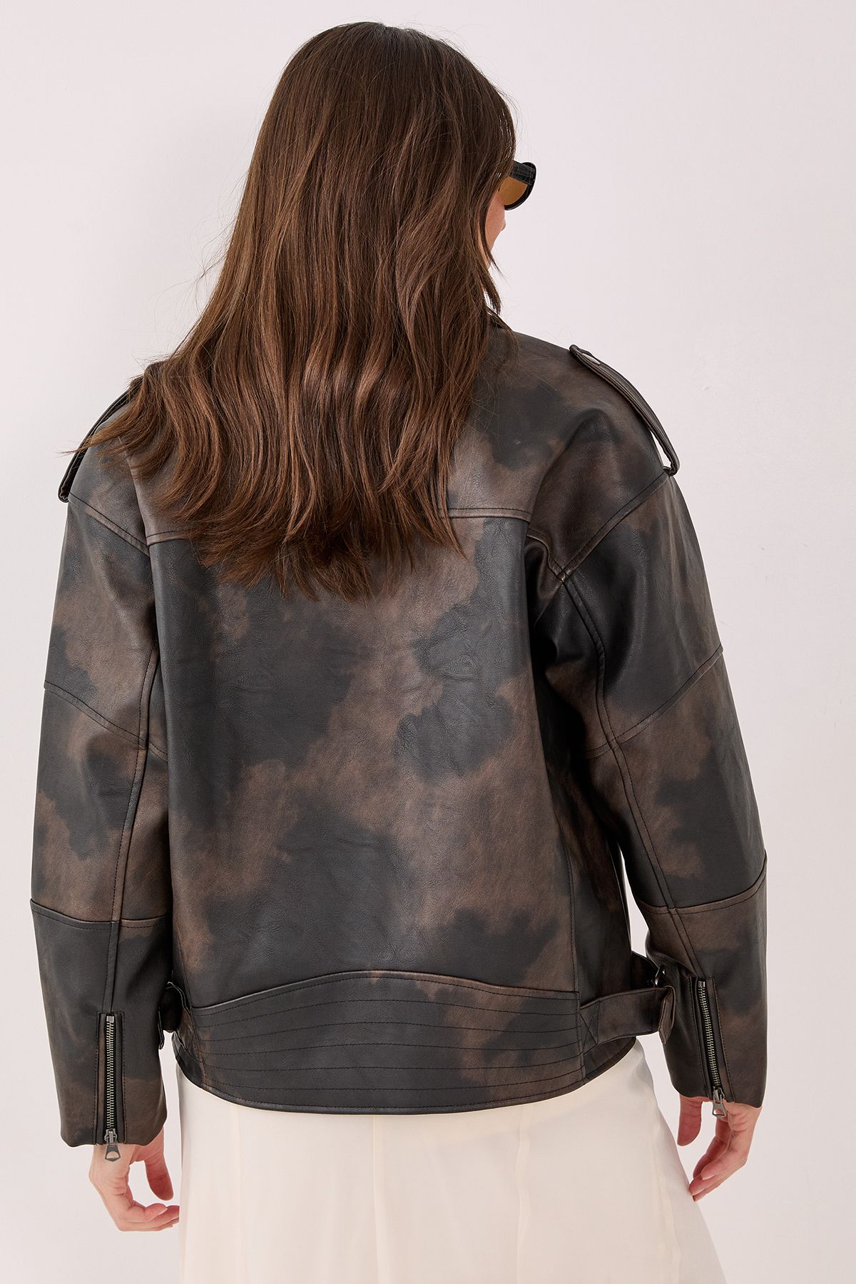 NastyGal Two Tone Faux Leather Biker Jacket Brown image 3