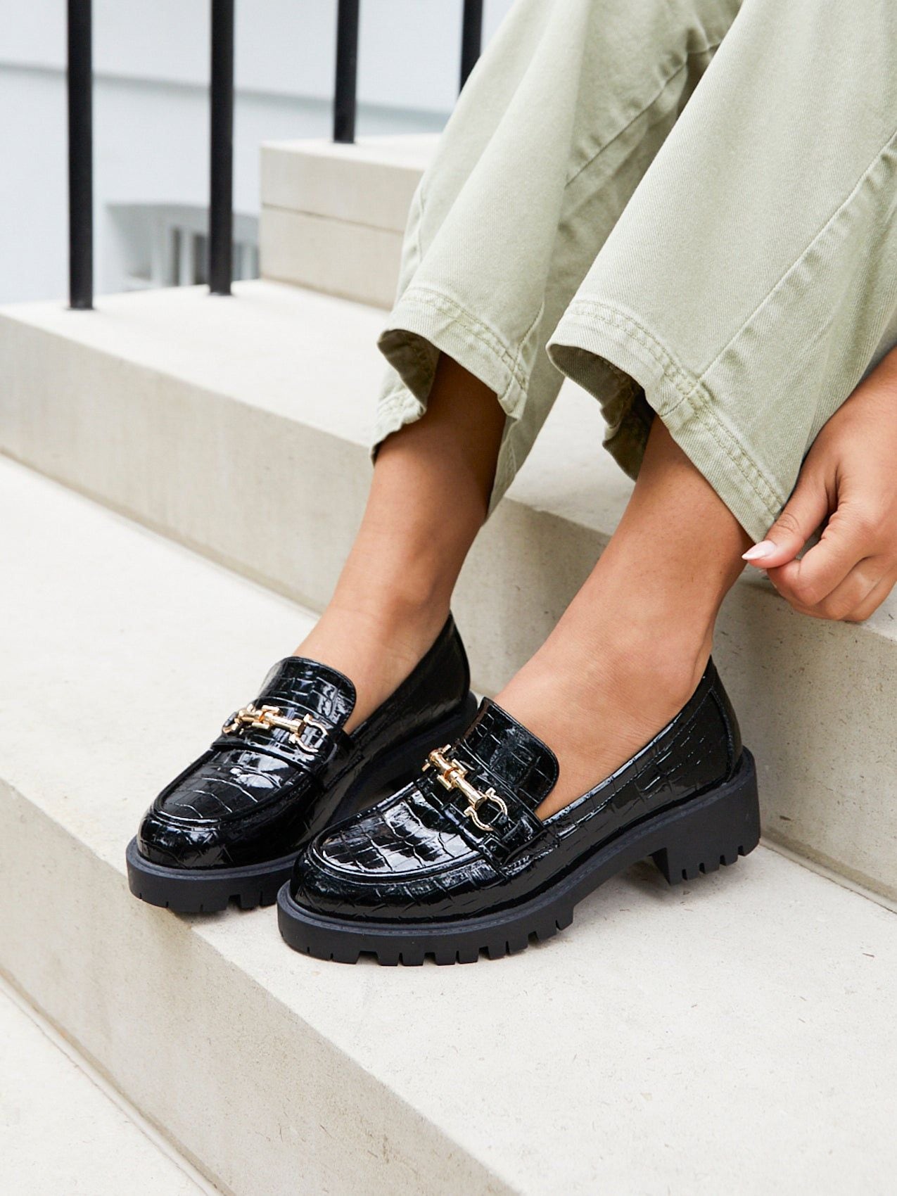 Linzi Aria Black Faux Croc Leather Chunky Sole Loafer image 2