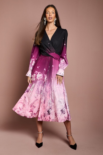 Coast Pleat Waist Boarder Print Organza Midi Dress Berry