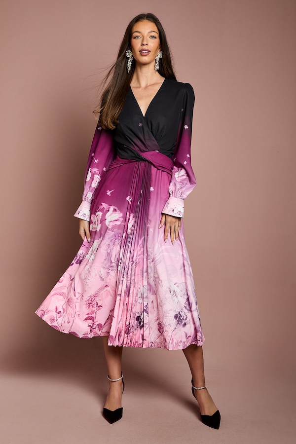Coast Pleat Waist Boarder Print Organza Midi Dress Berry