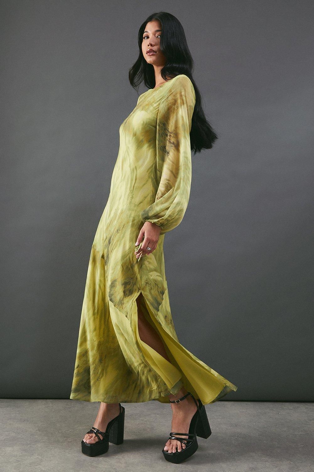 Warehouse Chiffon Feather Print Volume Sleeve Maxi Dress Chartreuse image 1