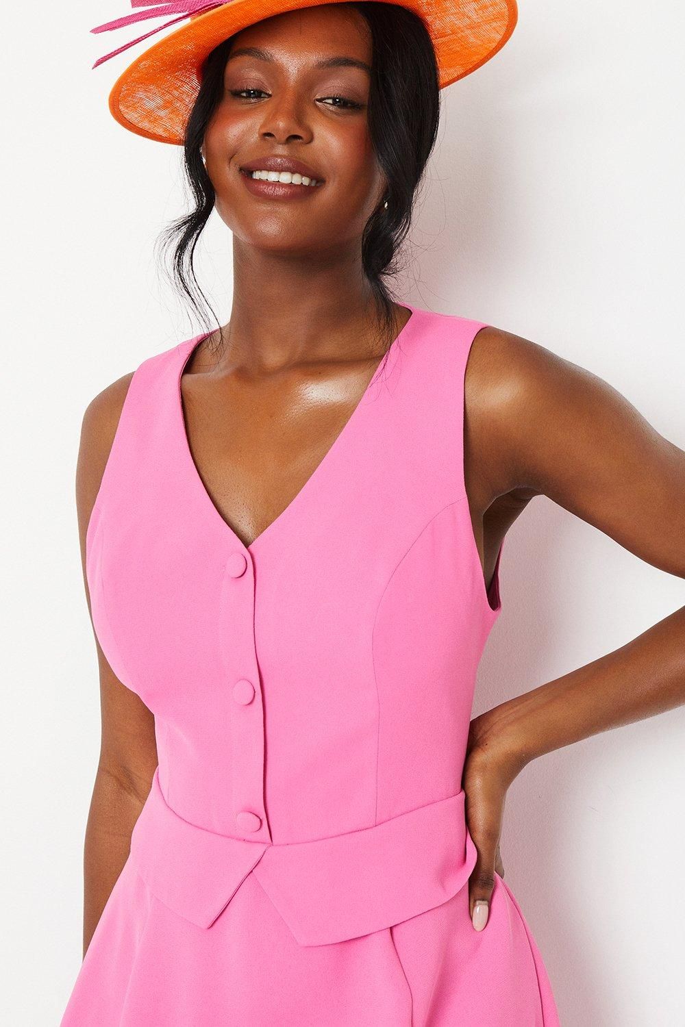 Coast Lisa Tan Waistcoat Midi Dress With Drape Skirt Hot Pink image 2