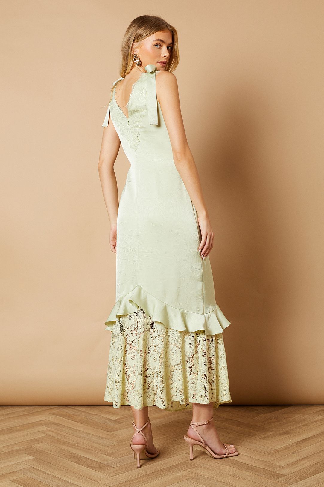 Oasis Satin Lace Tie Shoulder Maxi Dress Pistachio image 3