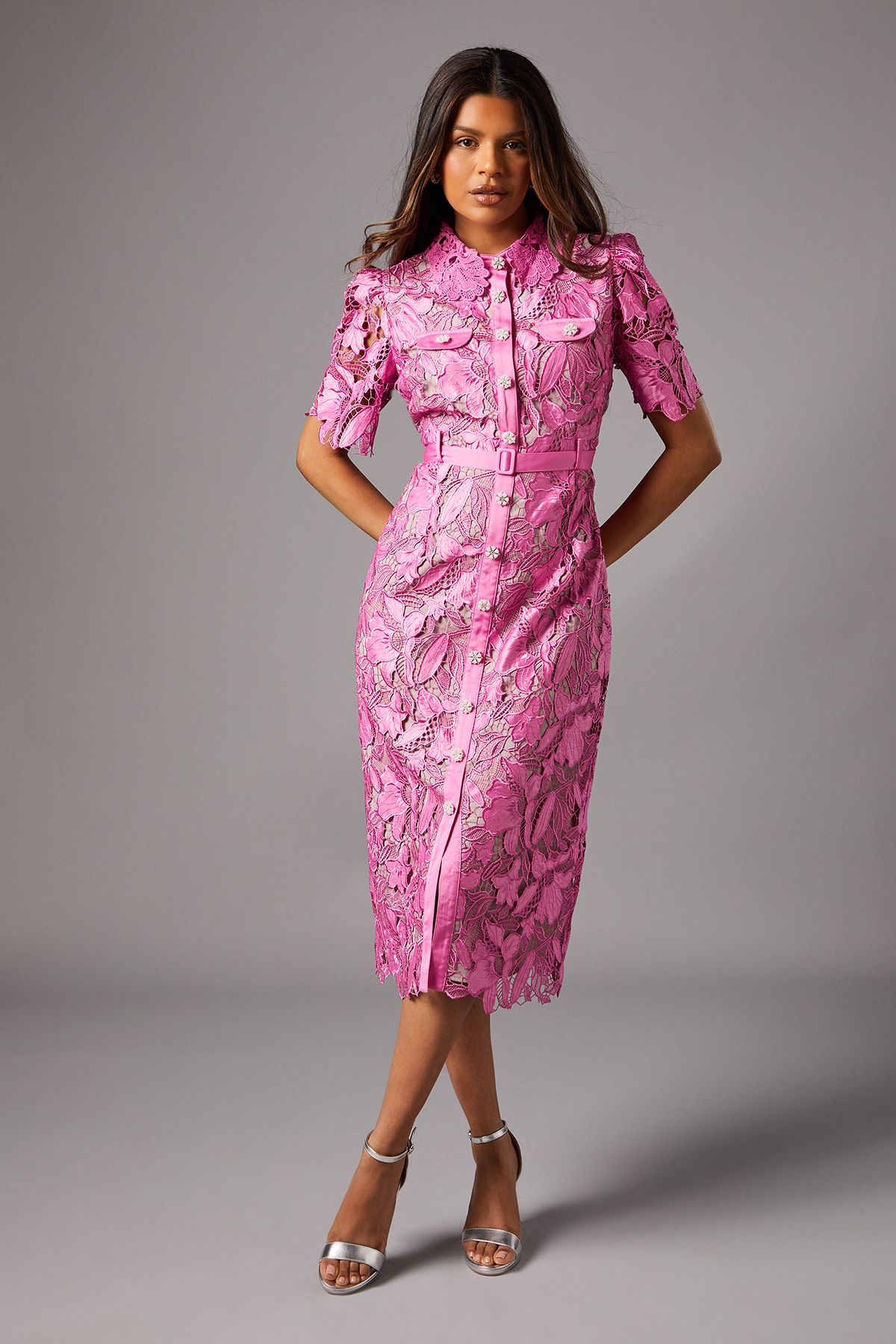 Coast Petite Lace Shirt Dress With Contrast Collar Pink image 1