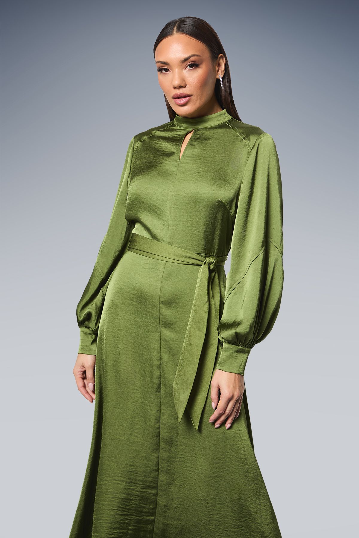Principles Tie Waist High Neck Satin Midi Dress Olive image 2