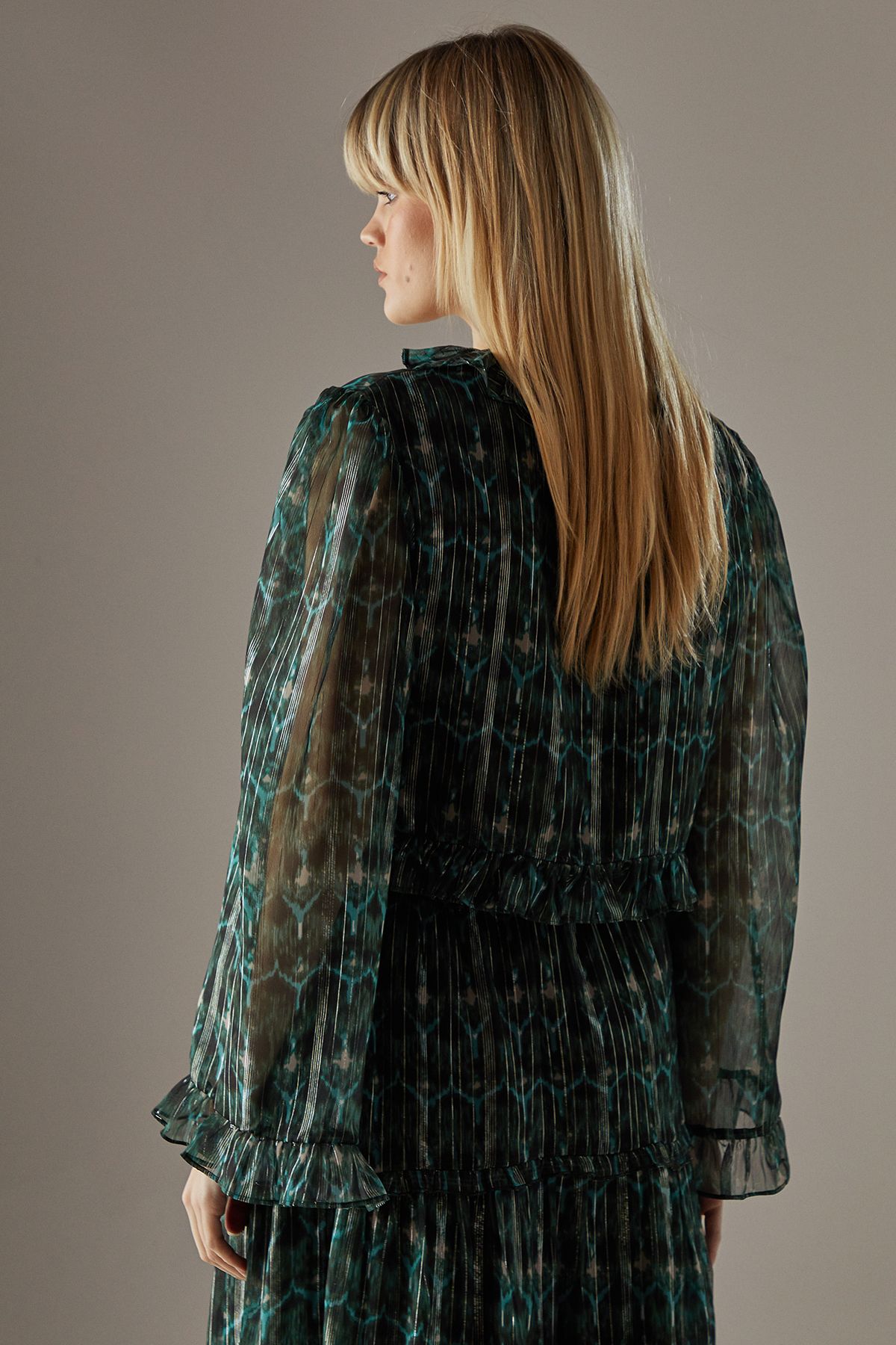 Warehouse Metallic Chiffon Ruffle Tie Front Flared Sleeve Blouse Green image 3