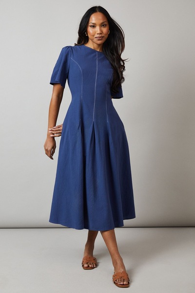 Principles Seam Detail Inserted Pleat Detail Midi Dress Blue