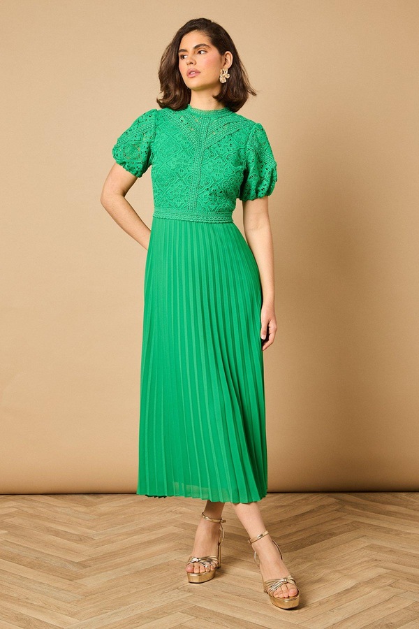 Oasis Lace Puff Sleeve Pleated Midi Dress Bright Green
