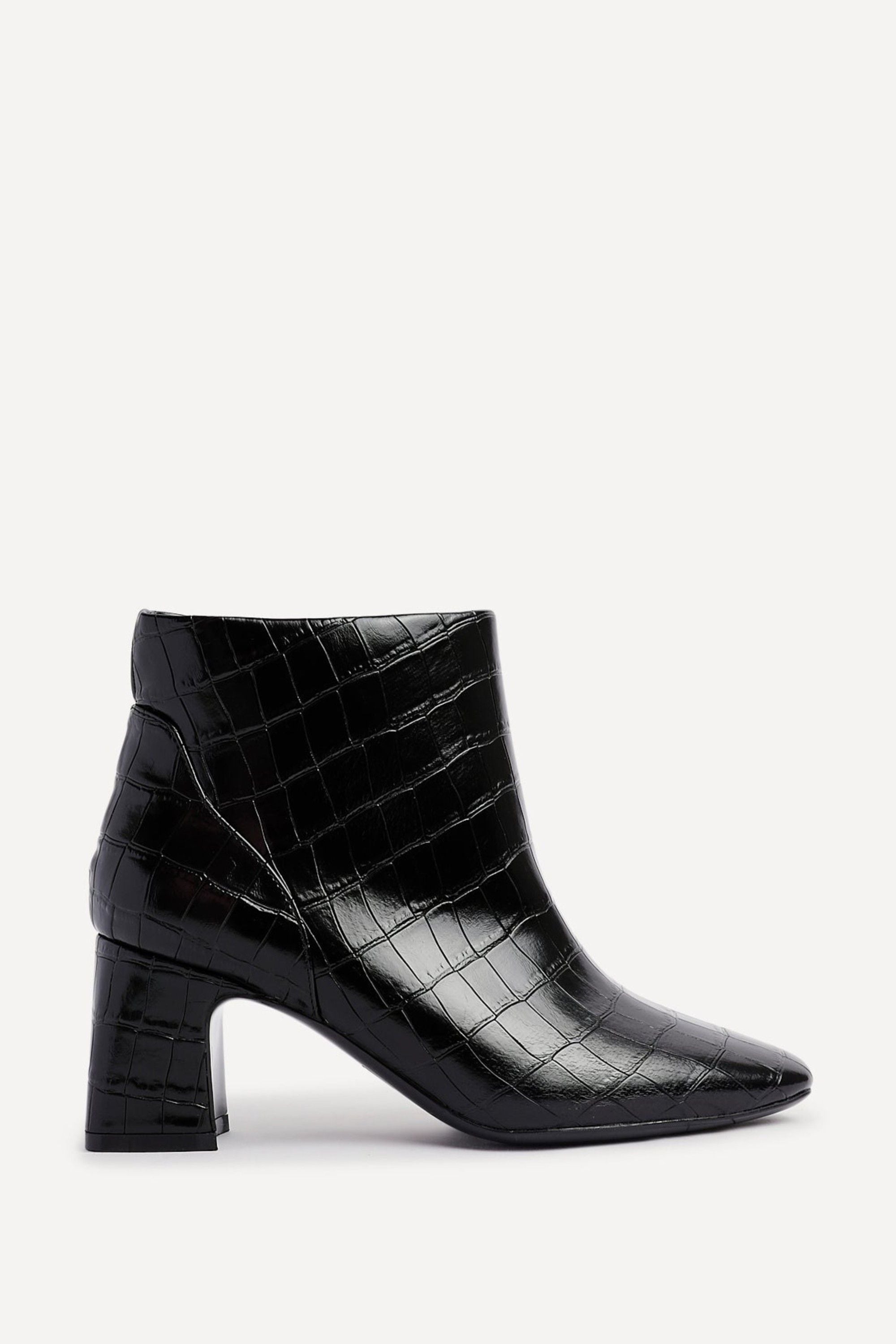 Linzi Cove Black Faux Croc Patent Leather Soft Square Toe Block Heel Ankle Boot