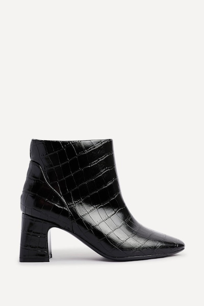 Linzi Cove Black Faux Croc Patent Leather Soft Square Toe Block Heel Ankle Boot