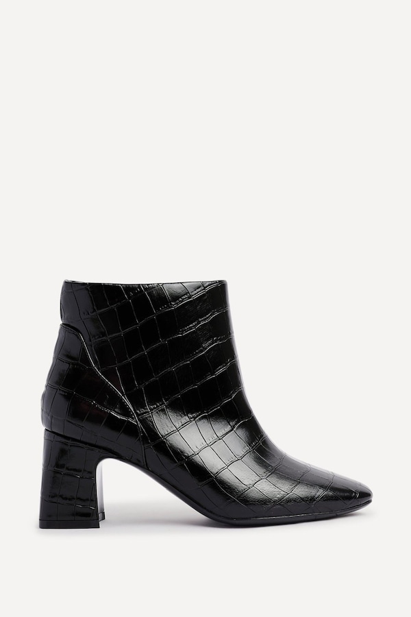 Linzi Cove Black Faux Croc Patent Leather Soft Square Toe Block Heel Ankle Boot