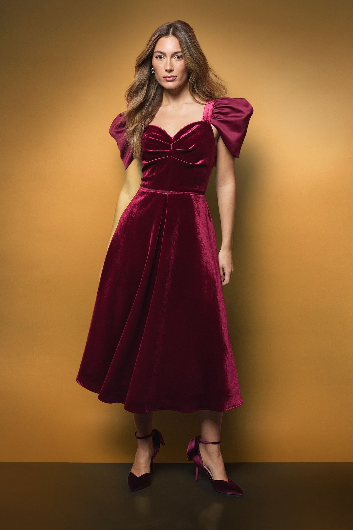 Coast Drape Sleeve Structured Velvet Midi Dress Wine image 1