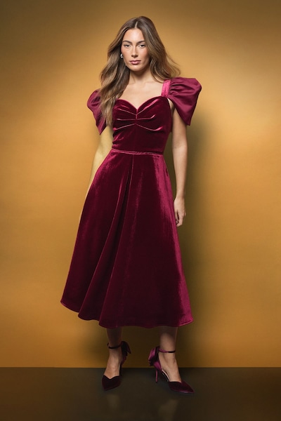 Coast Drape Sleeve Structured Velvet Midi Dress Wine