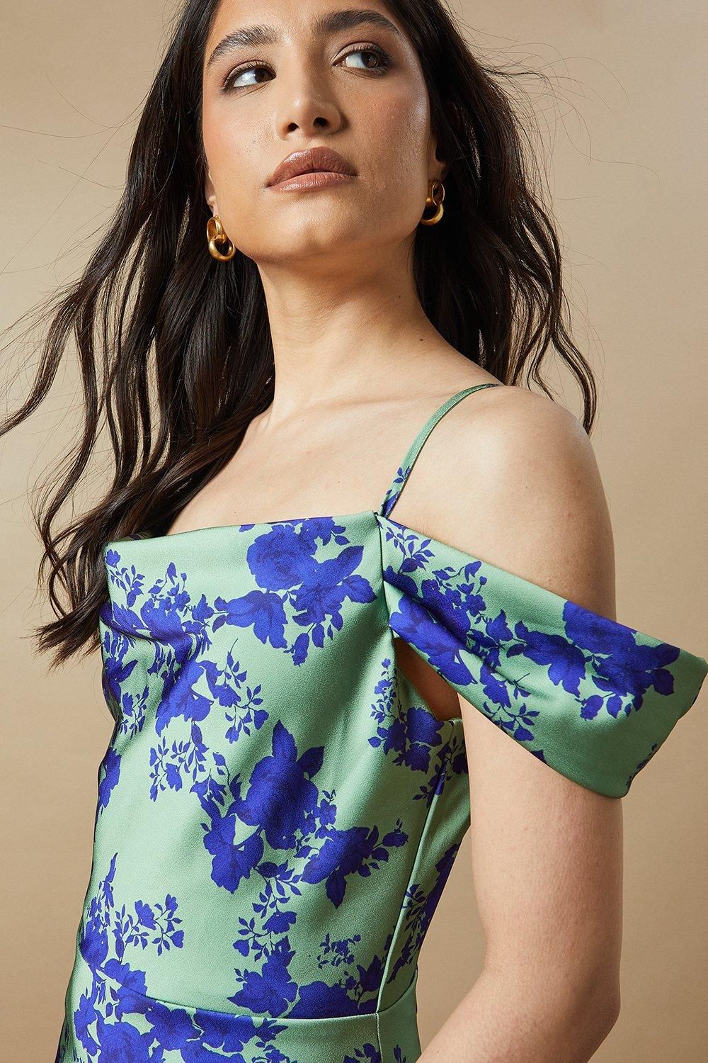 Oasis Occasion Floral Cold Shoulder Satin Maxi Dress Green image 2