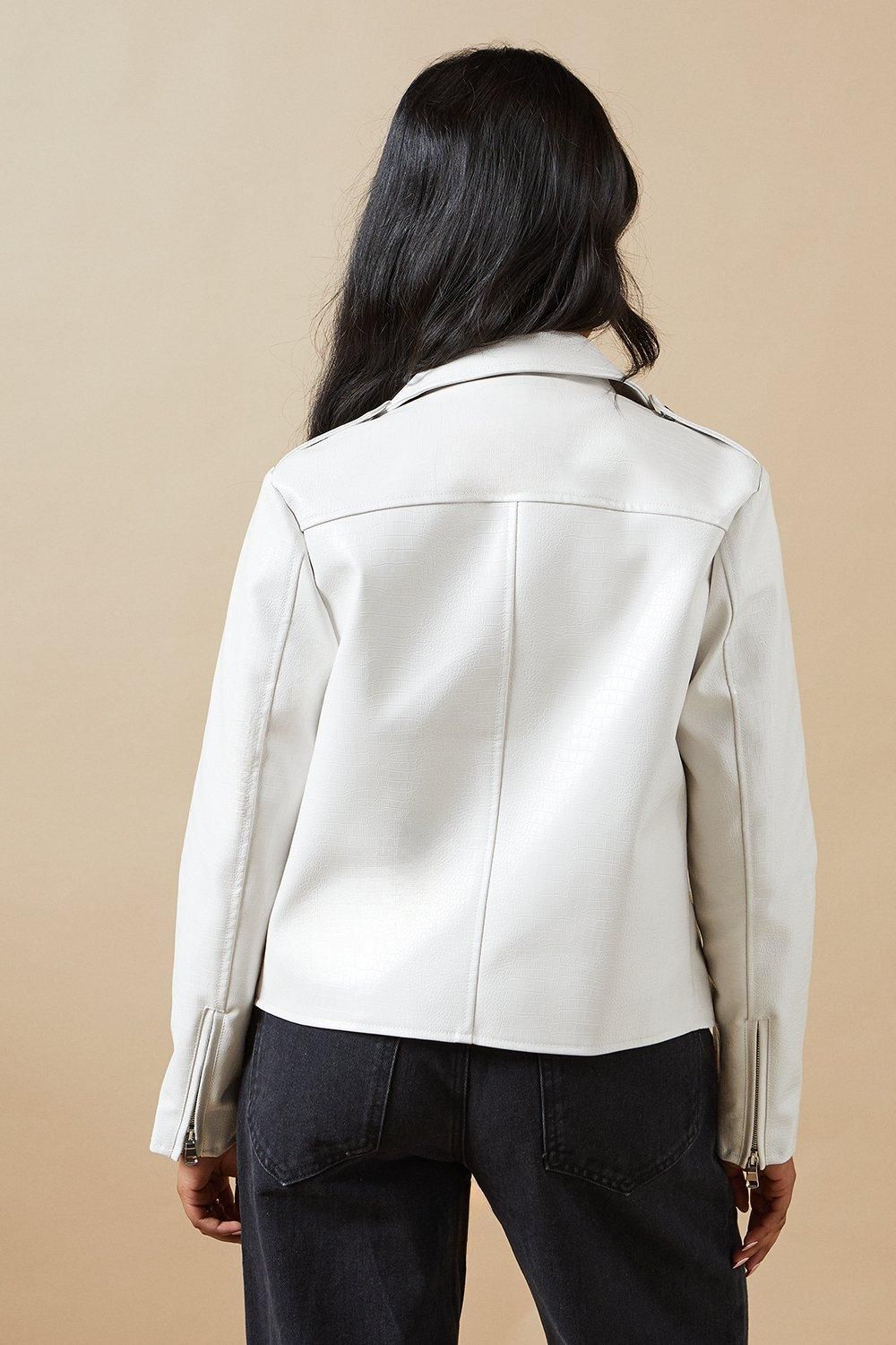 Oasis Crocodile Faux Leather Biker Jacket Ivory image 3