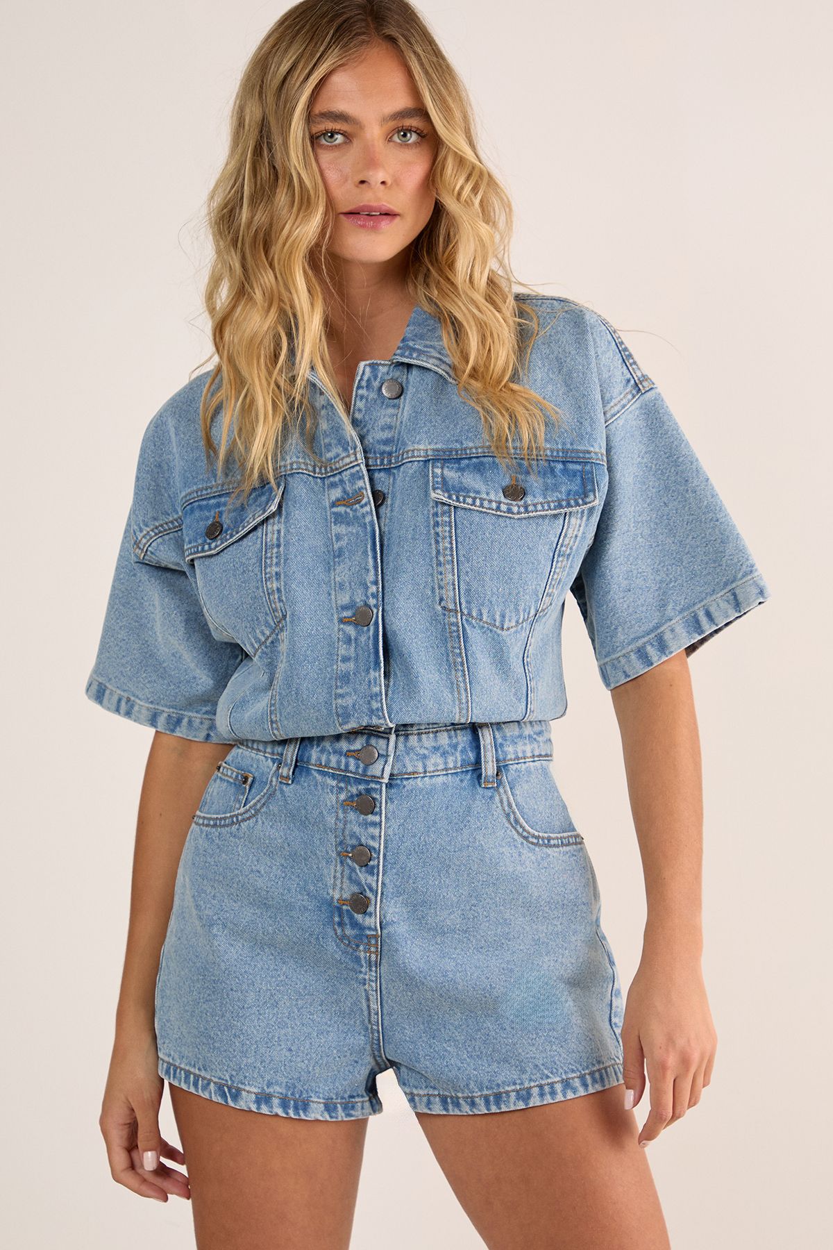 NastyGal Denim Button Through Romper Vintage Blue image 2