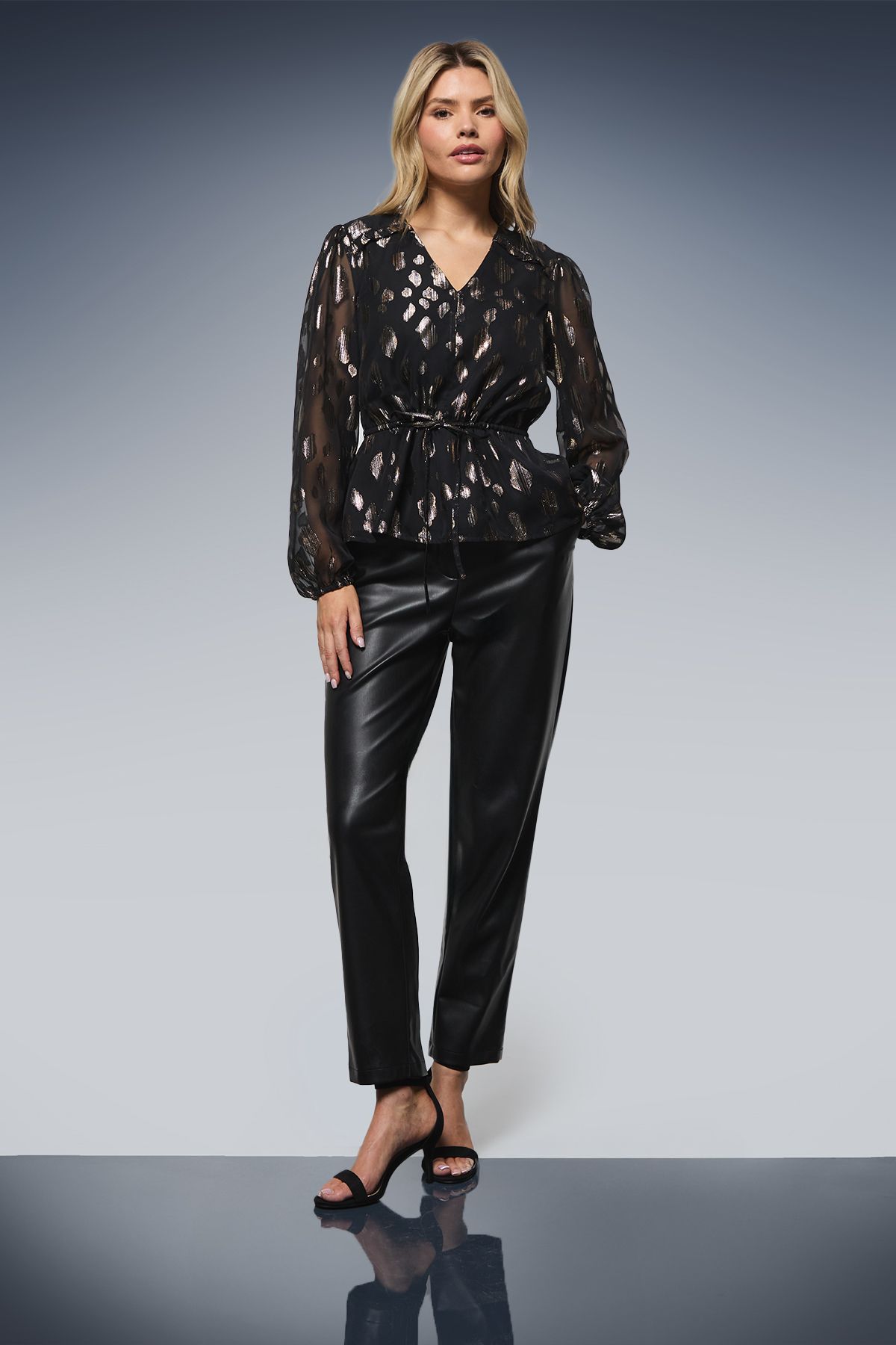 Dorothy Perkins DP Luxe Drawstring Waist Frill Detail Long Sleeve Blouse Black image 1