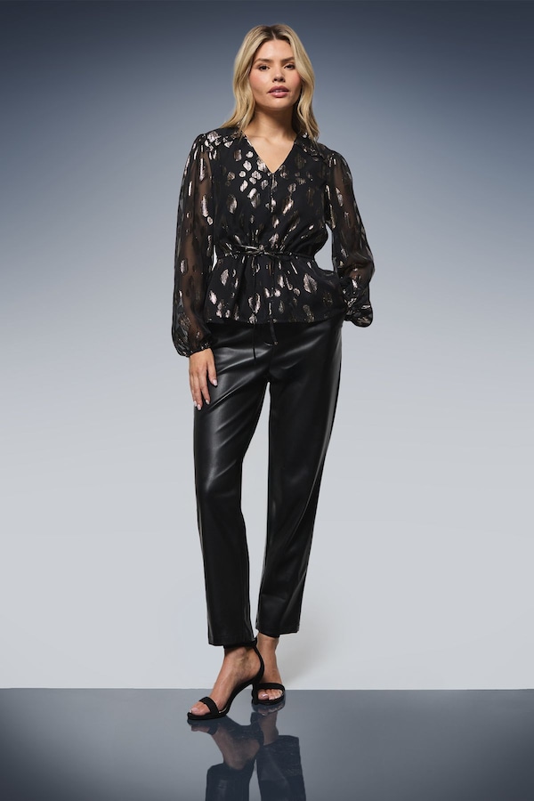 Dorothy Perkins DP Luxe Drawstring Waist Frill Detail Long Sleeve Blouse Black