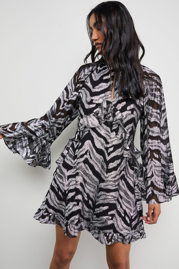 Warehouse Flippy Hem Volume Sleeve Viscose Zebra Jacquard Dress Black