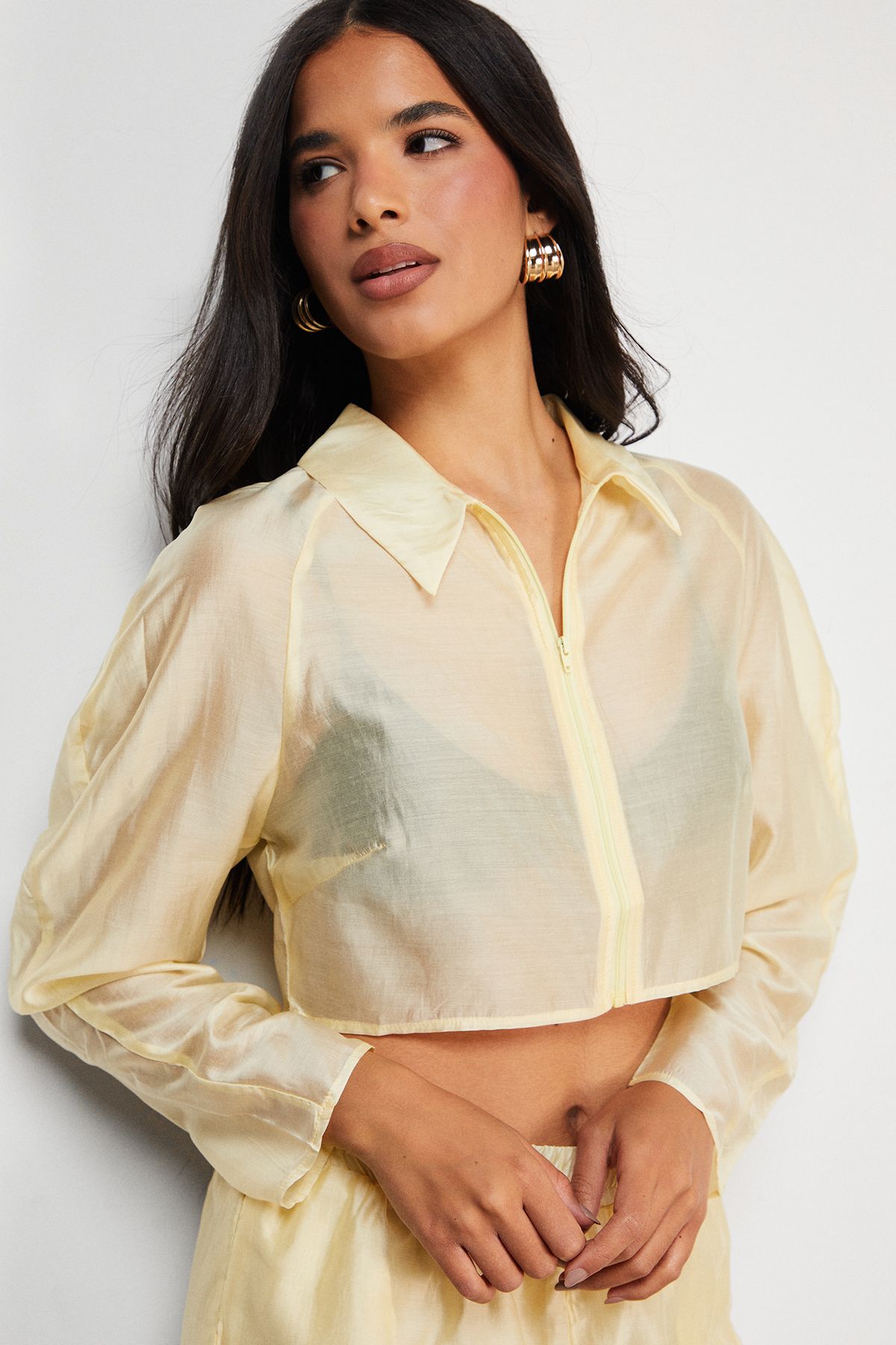 Warehouse Organza Boxy Zip Through Shirt Yellow image 4