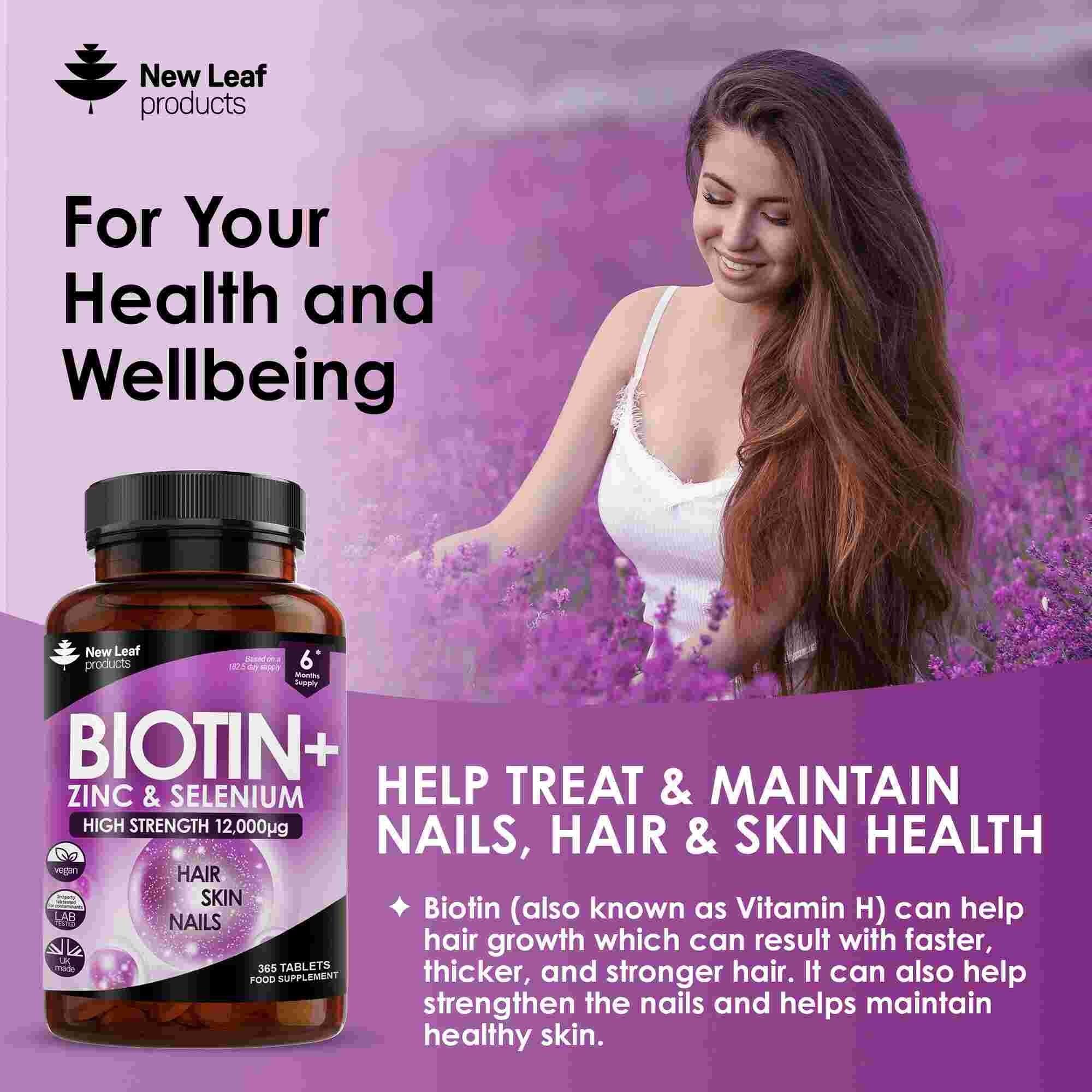 New leaf health Biotin Hair Growth Vitamins 12,000mcg - Enriched with Zinc 365 Tablets image 3